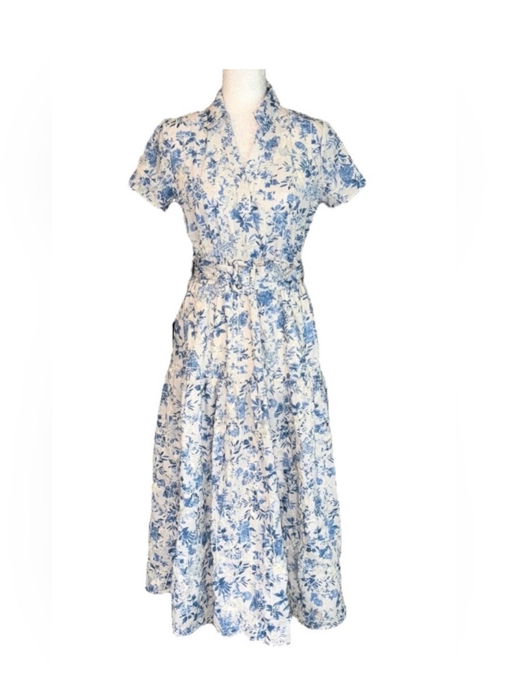 Joie Blue & Off White Embroidered Floral Print Belted A-Line Midi Dress